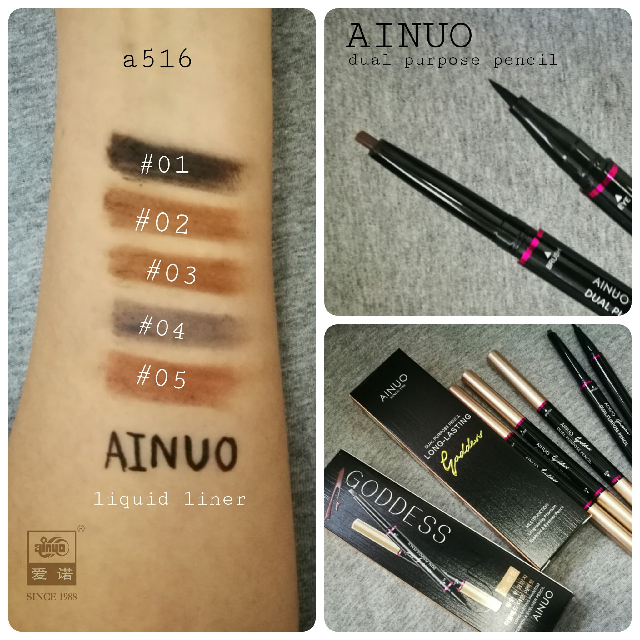Ainuo GODDESS long-lasting eyebrow & eyeliner pencil 2หัว อายไลเนอร์ + เขียนคิ้วออโต้ A516