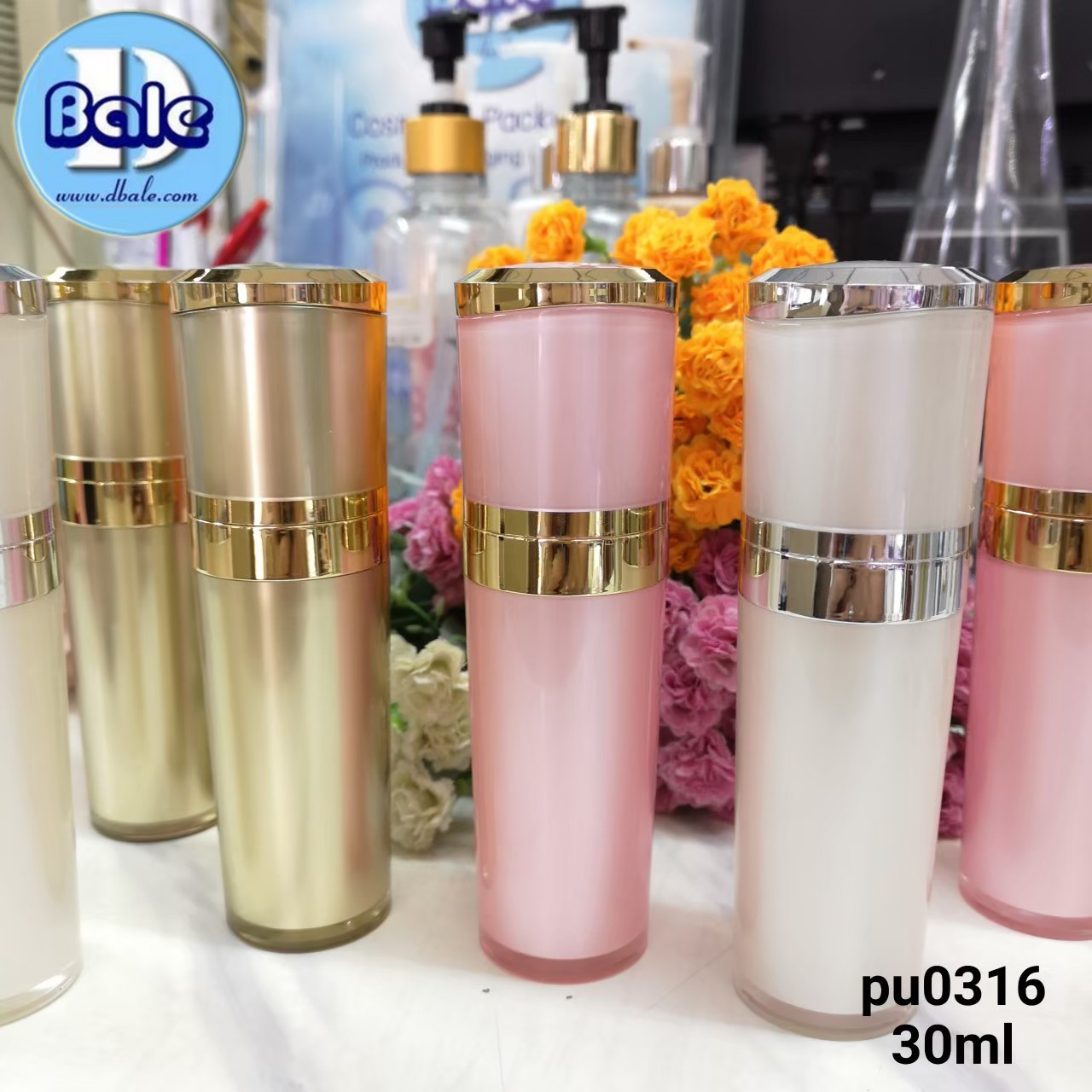 ขวดปั้มสีขาวมุก ขอบปากสีเงินเงา 15ml