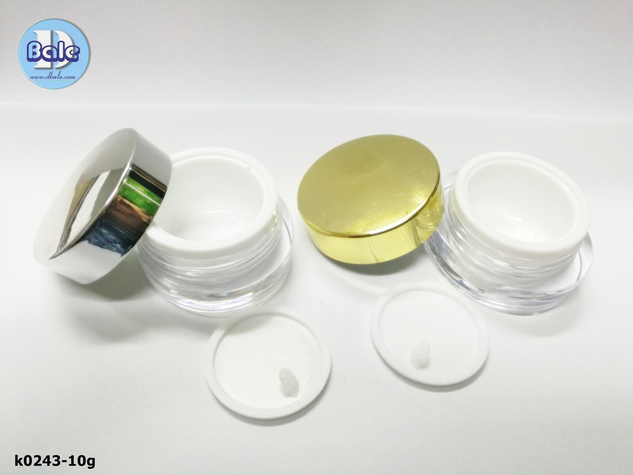 k0243-10g กระปุกก้นแบนรีอะคริลิคทองเงา/เงินเงา 10กรัม สูง2.6cm กว้าง 4.8cm*4.2cm