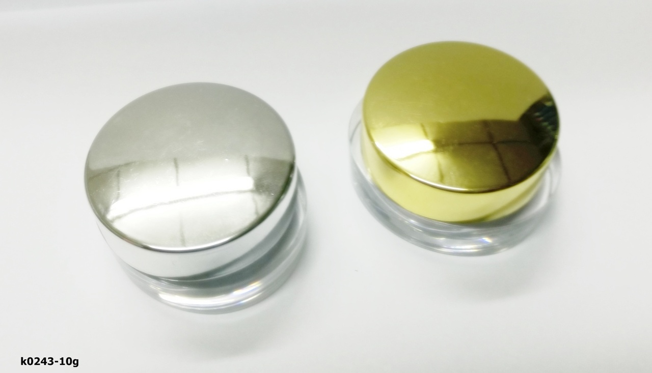 k0243-10g กระปุกก้นแบนรีอะคริลิคทองเงา/เงินเงา 10กรัม สูง2.6cm กว้าง 4.8cm*4.2cm
